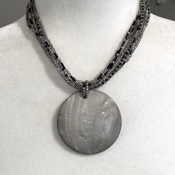 Gray Seashell Black Seed Beaded Multi Strand Bohemian Summer Beach Necklace - Picture 1 of 14